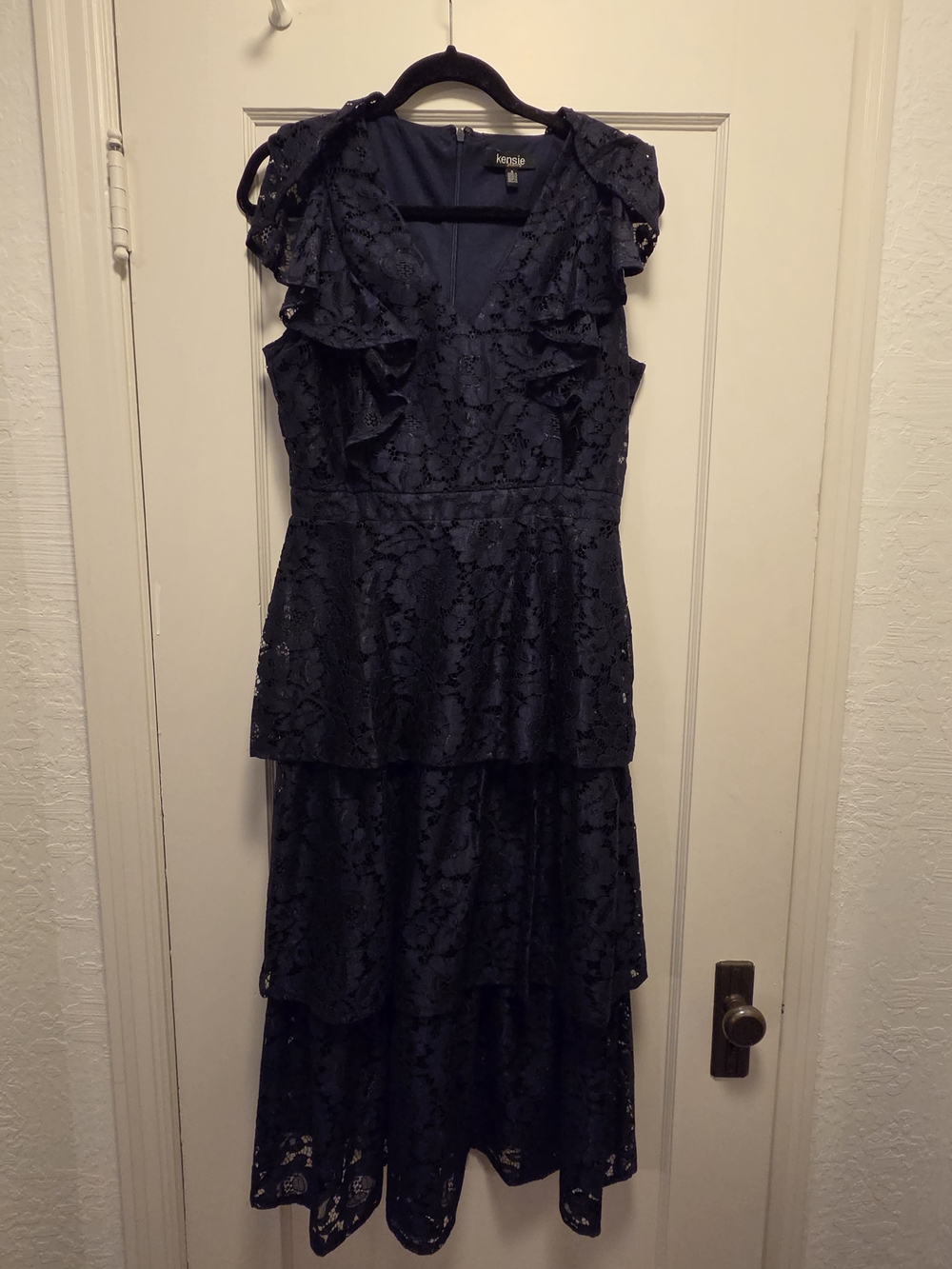 Kensie Navy Floral Lace Ruffle Tiered Midi Dress